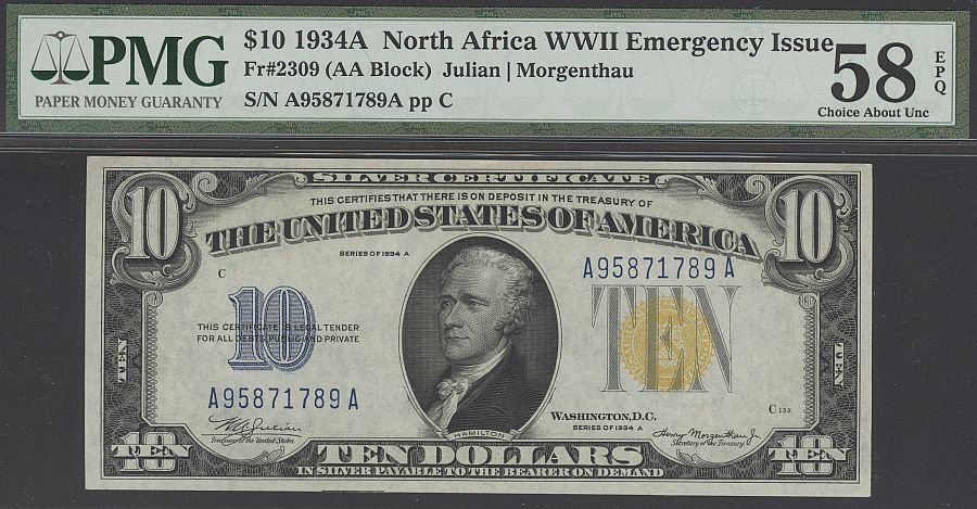 Fr.2309, 1934A, $10 North Africa Silver Certificate, A95871789A, vChAU, PMG58-EPQ